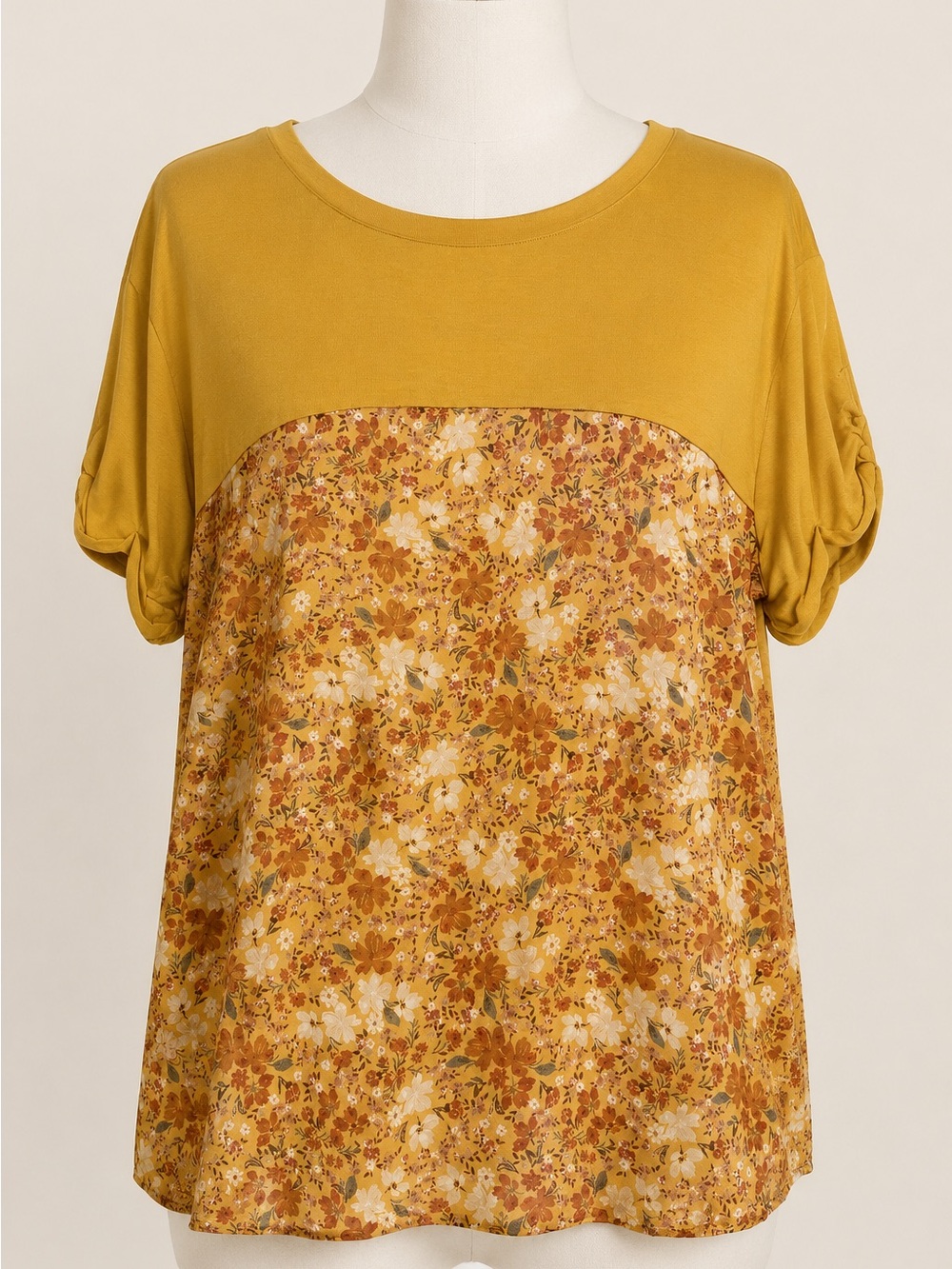 Belle Du Jour Mustard Floral Block Short Sleeve Top